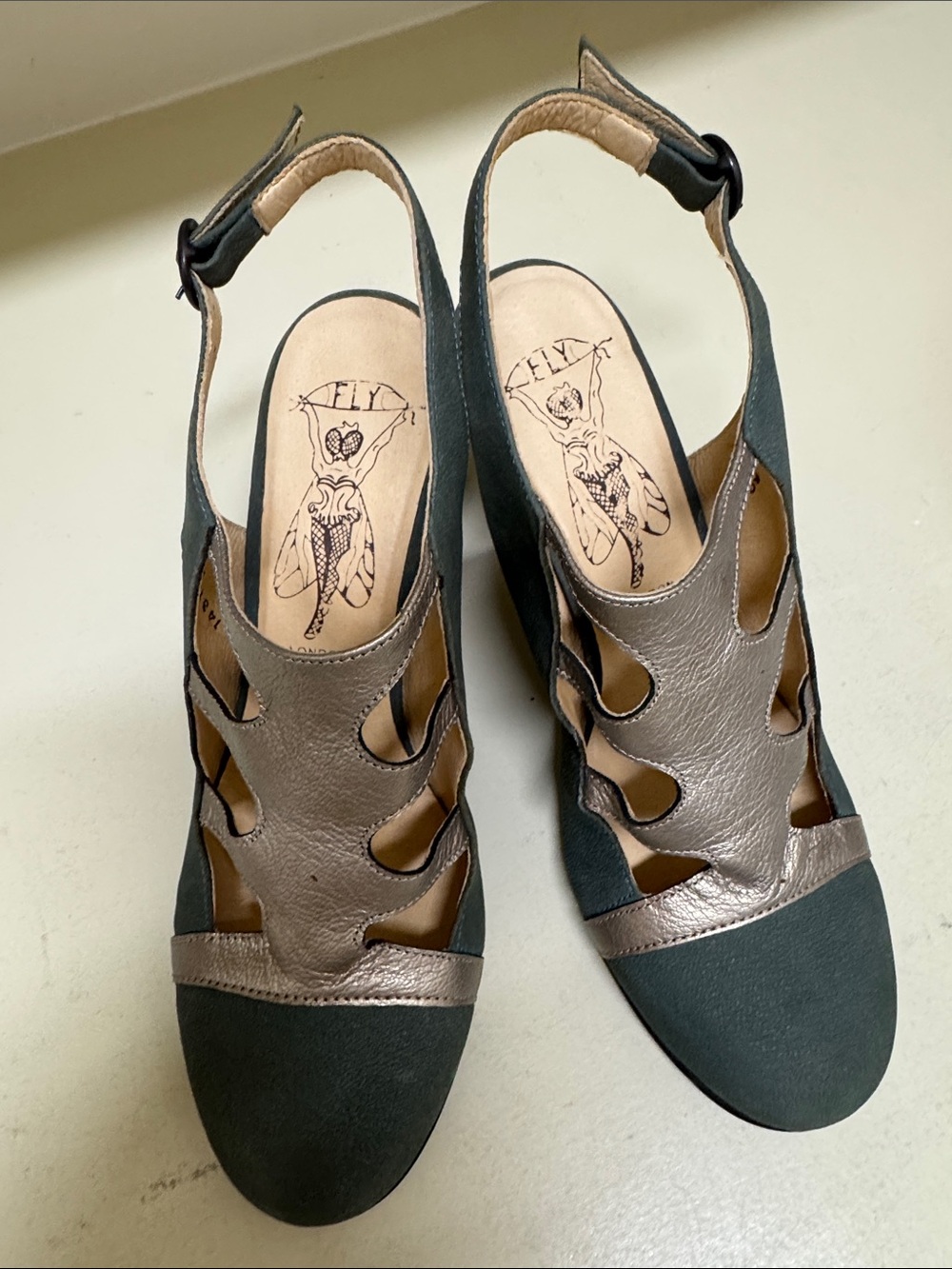Fly London Green and Pewter Cutout Block Heel Pumps - Picture 2 of 8